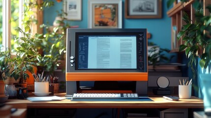 A retro-style computer on a desk surrounded by plants and decor.