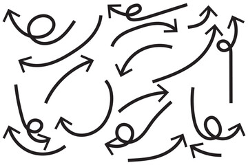 Arrow vector hand drawn sketch icon set. Doodle sketch hand drawn direction element set. Pencil doodle flat line design cartoon elements. Scribble swirl arrow sign. Vector illustration