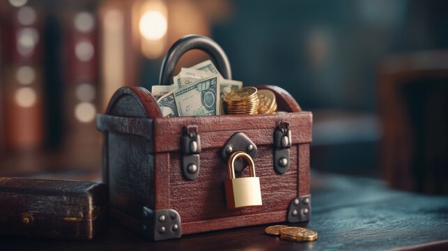 Protecting Assets Against Inflation : A small treasure chest filled with cash and gold coins, with a padlock to signify protection against inflation or economic downturn
