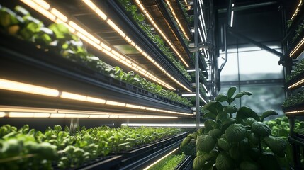 A vertical farming system in a high-tech greenhouse, with layers of crops growing in stacked hydroponic trays. Glowing LED lights simulate sunlight.