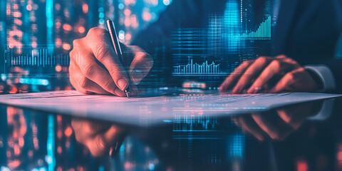  Businessperson Signing Contract with Digital Financial Overlay, Hand Writing Signature on Important Document with Data Visualization