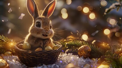 A cute little bunny rabbit sits in a basket filled with golden eggs, surrounded by a festive winter wonderland setting.
