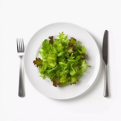A fresh salad composed of various leafy greens on a white plate with cutlery.