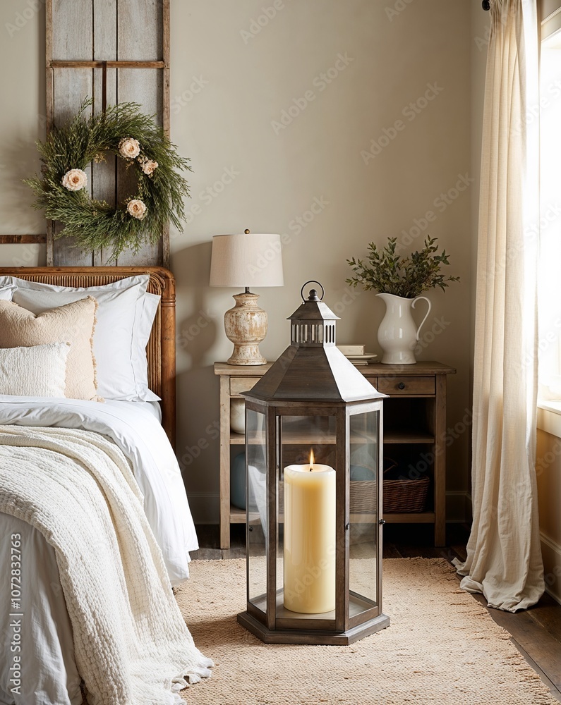 Wall mural Candle lantern in a cozy farmhouse bedroom with soft decor