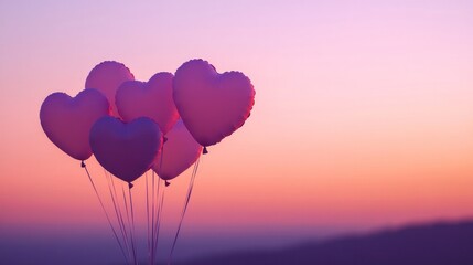 Obraz premium Heart-shaped balloons against pink dawn, Valentine Day scene