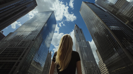 Abstract business woman stands on the peak of success amid tall, innovative Smart city and graphs with statistics to analyze business potential and predict future developments in company growth.