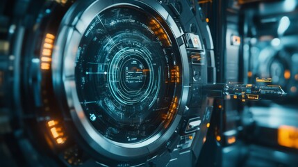 Secure Financial Technology : A futuristic vault door with digital interface controls, symbolizing the concept of high-tech secure finance