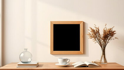 Empty wooden picture frame mockup hanging on beige wall background. Boho shaped vase, dry flowers on table. Cup of coffee, old books. Working space, home office. Art, poster display. Modern interior