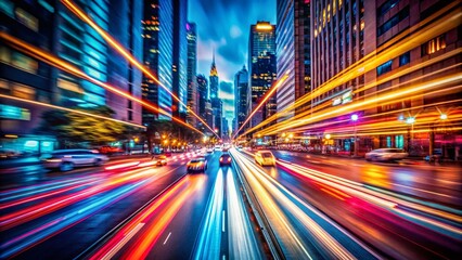 Fototapeta premium Speeding Through Neon Lights: A Dynamic Nighttime Scene of Blurred Motion and Vibrant Colors with a Bokeh Effect, Showcasing the Energy and Excitement of Urban Life After Dark