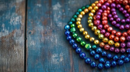 Fototapeta premium Colorful Beads on Rustic Wooden Surface