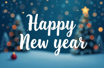 Christmas tree with red and silver toy balls, on a blue background with the text "Happy New Year". New Year card, banner.