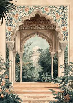 beautiful arch with flowers for wedding invitation background, wedding backdrops, Mosque,