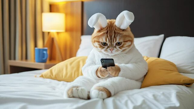 A cute orange tabby cat dressed in a bunny costume sits on a bed, focused on a smartphone in a cozy bedroom.