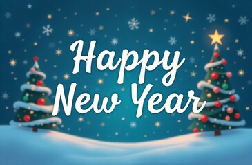 Christmas tree with red and silver toy balls, on a blue background with the text "Happy New Year". New Year card, banner.
