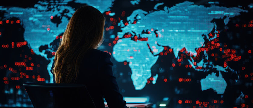 A woman sits in front of a digital world map, illuminated with red data points and activity, suggesting a focus on global connectivity or cybersecurity.