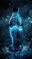 energy drink. A glowing water bottle surrounded by electric blue lightning and splashes, creating a striking visual effect against a dark background.
