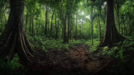 Obraz premium A dense, old-growth forest with towering trees, left untouched for biodiversity preservation. The forest floor is covered with a variety of plant species and decomposing organic