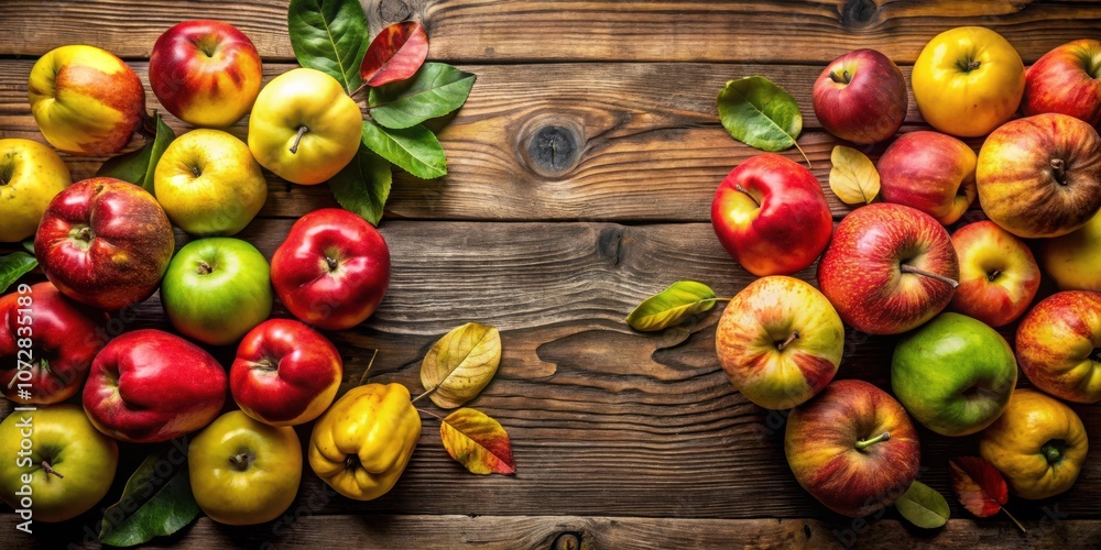 Poster a rustic wooden table adorned with a vibrant display of red, yellow, and green apples, with a few fa