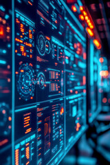 Obraz premium Futuristic user interface with data visualizations and controls.