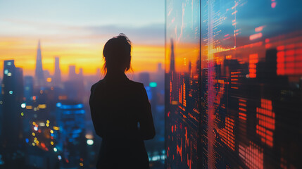 Fototapeta premium Abstract business woman stands on the peak of success amid tall, innovative Smart city and graphs with statistics to analyze business potential and predict future developments in company growth.