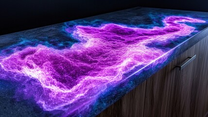 Fototapeta premium A vibrant purple glow emanates from a dark surface, creating an ethereal effect that resembles flowing lava or cosmic phenomena.