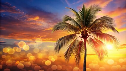 Fototapeta premium Silhouette of a palm tree standing tall against a vibrant sunset sky, with a blurred background of golden bokeh lights.