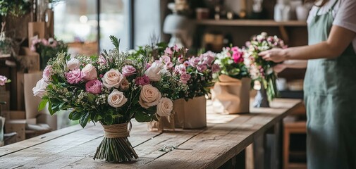 Fototapeta premium Beautifully arranged flower bouquets in a cozy florist shop setting.