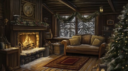 Obraz premium Cozy Cartoon Cabin Interior with Exaggerated Features