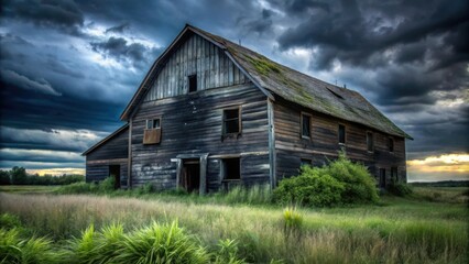 Obraz premium A weathered wooden barn stands solitary in a field of tall grass, its windows dark and vacant, under a dramatic sky filled with storm clouds, hinting at a past life and stories untold.