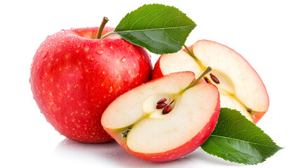 Fresh red apple leaf isolated on white,Red apple with leaf and slice isolated on the white background,Ripe red apples isolated on white Gala apples and leave with healthy food concept and tasty
