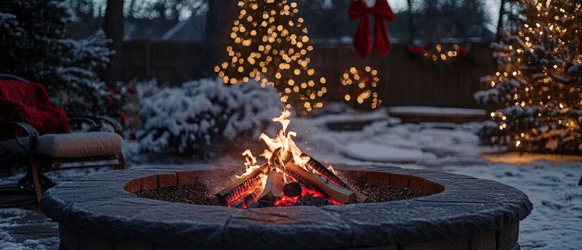 Cozy winter evening around a fire pit surrounded by decorated trees and snow.