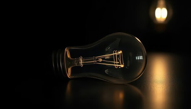 concept of poor power supply, retro electric lamp lying on the table, filament not glowing, close-up, black background, weak electric light in the background