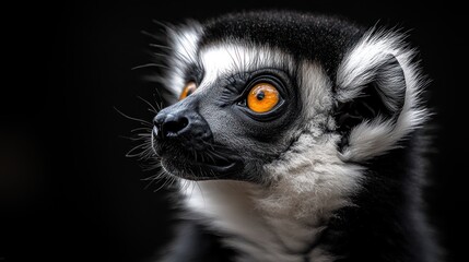 Naklejka premium Close-up of a lemur with striking orange eyes and black fur.