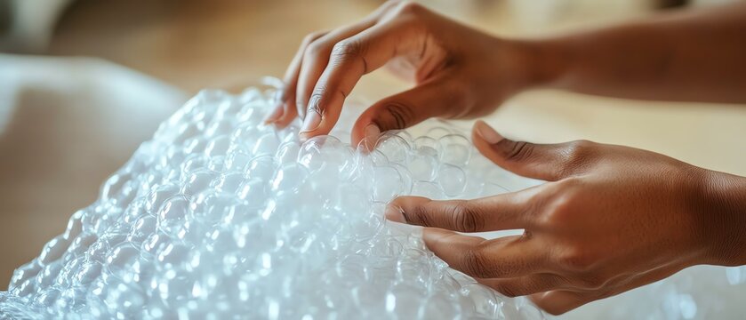 Person popping bubble wrap for stress relief.