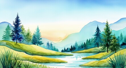 Serene watercolor landscape style and technique in illustration background