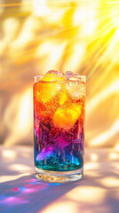 A vibrant, colorful drink with ice fills a clear glass, illuminated by warm sunlight, creating a mesmerizing visual effect.
