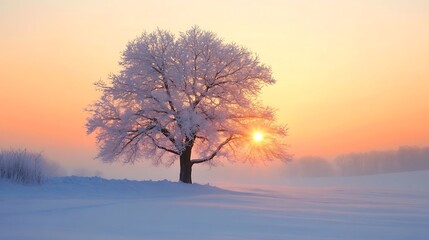 A Solitary Snow-Covered Tree at Sunrise in a Frosty Field