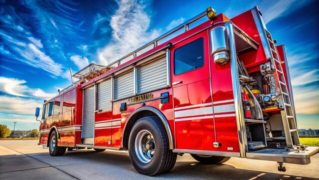 Striking Image of a Fire Engine Red Fire Truck Displaying Emergency Equipment with Copy Space for Fire and Rescue Service Promotions and Educational Materials