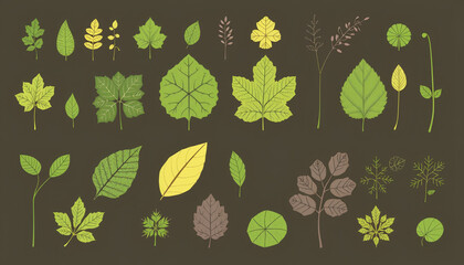 Detailed illustration of various leaf shapes and types, showcasing diversity in nature.