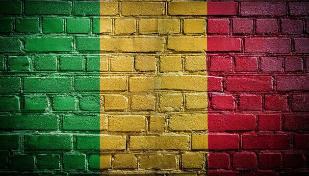 マリの国旗がペイントされたレンガの壁。(Brick wall painted with the Mali flag.)
