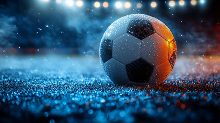 Fototapeta premium close up of soccer ball on grass with night light soccer stadium background