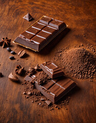 Broken dark chocolate bar and cocoa powder on a brown table