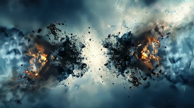 A digital illustration of two mirrored particles colliding and shattering into unequal asymmetrical pieces representing the breaking of symmetry in particle collisions.