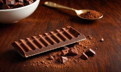 Broken dark chocolate bar and cocoa powder on a brown table