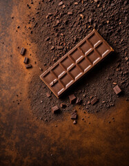 Broken dark chocolate bar and cocoa powder on a brown table