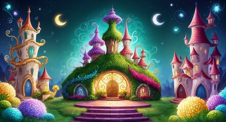 Fototapeta premium Whimsical magical design and fantastical development in illustration background