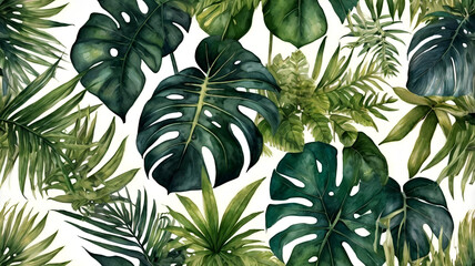 Seamless botanical pattern with various leaves, including monstera, fern, and palm leaves in watercolor style.