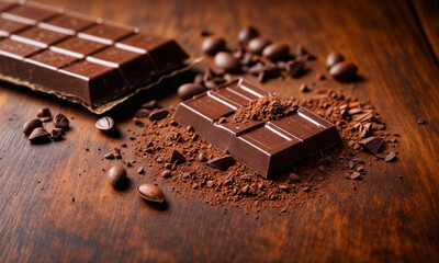 Broken dark chocolate bar and cocoa powder on a brown table