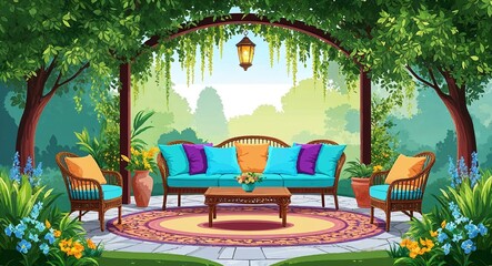 Obraz premium Beautiful peaceful garden setting and ambiance in illustration background