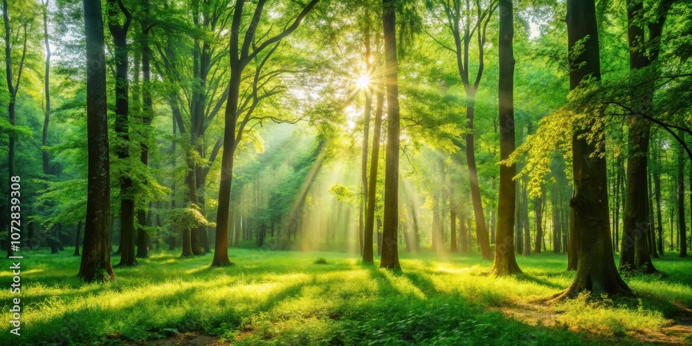 Poster Sunlight Dappling Through the Forest Canopy, Illuminating the Lush Greenery and Casting Long Shadows on the Forest Floor